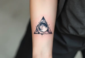 A triangle with a lunar cycle inside, shaded in black and silver, symbolizing phases and intuition. tattoo idea