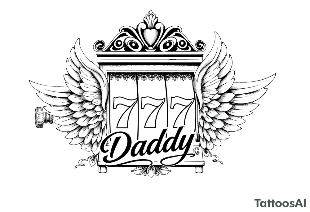 Slot machine with 777 and the word Daddy with angel wings tattoo idea