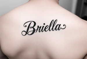 "Briella" in gothic yet feminine font on hand along thumb tattoo idea