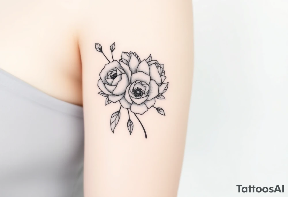 rose and peony bouquet tattoo idea