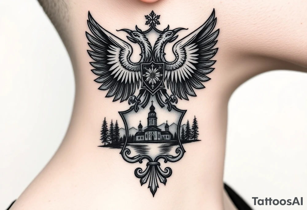 Traditional authentic Russian coat of arms with double headed eagle & a well shaded Christian orthodox virgin marry crest in the middle with silhouette of a lake in a Russian wilderness Christian orthodoxy dome church village setting on the side of my neck tattoo idea