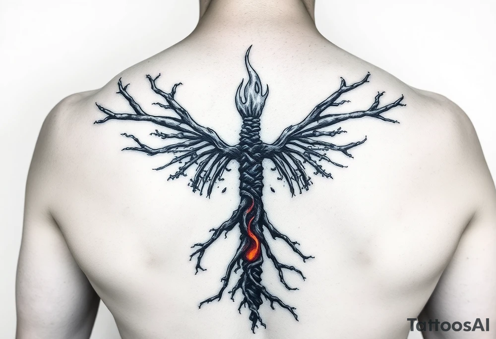 1. “Burnt Offerings”
Theme: Healing through destruction.
Visual: Charred tree roots climbing up your spine, turning into flames halfway, then slowly transforming into skeletal wings—unfinished, like you stopped mid-rebirth. The middle of the spine glows dimly, like coals never fully put out.
Vibe: You survived, but not clean. You carry the burn. tattoo idea
