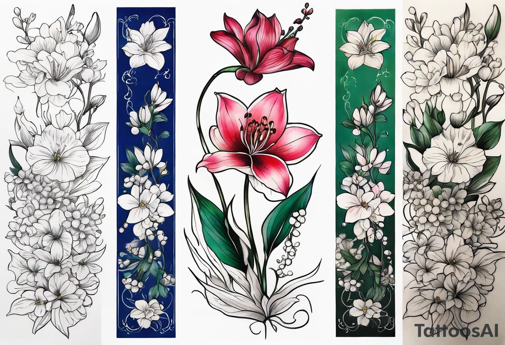 Larkspur, Lily of the valley, water, lily, Hawthorne, flower, carnation, snowdrop flower half sleeve tattoo idea