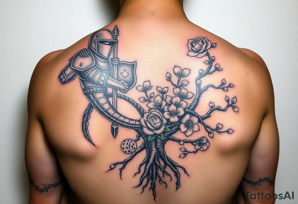 knight and squid intertwined with climbing roses and tree roots with cherry blossoms rolling dice tattoo idea