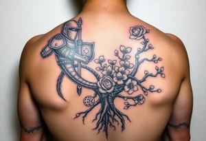 knight and squid intertwined with climbing roses and tree roots with cherry blossoms rolling dice tattoo idea