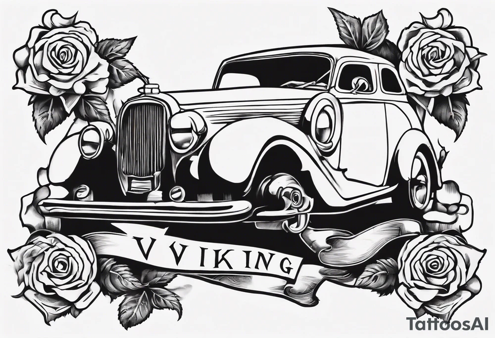 I want a tattoo of an old vintage classic car and a skeleton with roses in the back with the name “Viking Customs” incorporated in the design tattoo idea