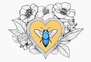 Spine, flowers bluebird bees heart shapes tattoo idea