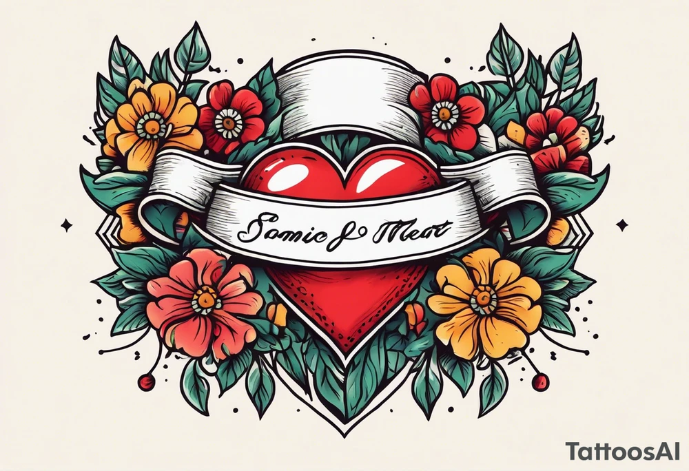 heart traditonal vintage tattoo colorful with flowers and banner tattoo idea