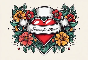heart traditonal vintage tattoo colorful with flowers and banner tattoo idea