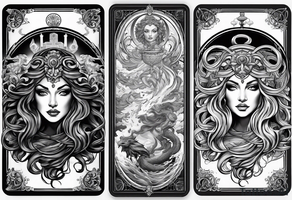 Medusa, her before and after attack from Zeus in the form of tarot cards tattoo idea