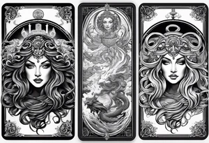 Medusa, her before and after attack from Zeus in the form of tarot cards tattoo idea