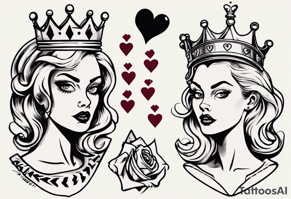 pin-up queen of hearts with a crown and eyes without pupils or irises tattoo idea