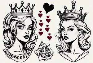 pin-up queen of hearts with a crown and eyes without pupils or irises tattoo idea