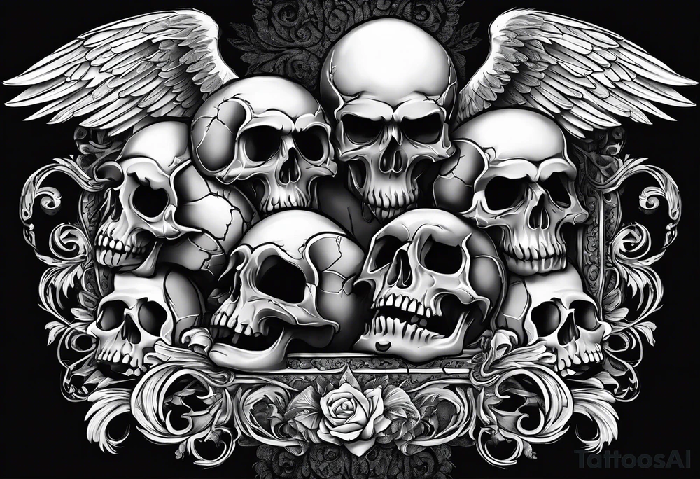 See no evil hear no evil speak no evil  skulls go down the back with angel wings wrapped around the skulls tattoo idea