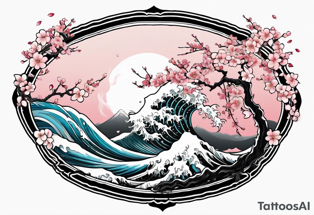 Japanese tori rounded by cherry blossom and death flower and Japanese wave tattoo idea