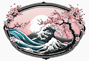 Japanese tori rounded by cherry blossom and death flower and Japanese wave tattoo idea