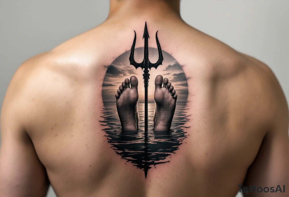 barefeet behind trident half way under water and sunset tattoo idea