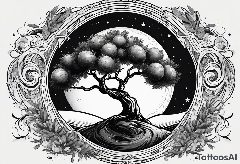 An olive tree in a black hole  with a small Saturn-like planet in in the background. tattoo idea