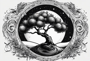 An olive tree in a black hole  with a small Saturn-like planet in in the background. tattoo idea