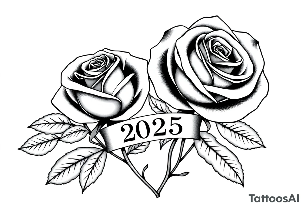 two beautiful large rose buds, one larger than the other, with many leaves next to the rose buds, with one sitting higher than the other. Include a banner connecting the two roses with the year "2025" on it.   Use dark outlines with little shading. The two stems should be short, not long, and connect and join into one stem, whimsically curved or twisted - not straight down. tattoo idea
