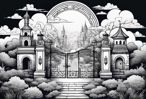 heaven summer town with tower houses gate entrance 
 in circle transparent clouds  vignette tattoo idea