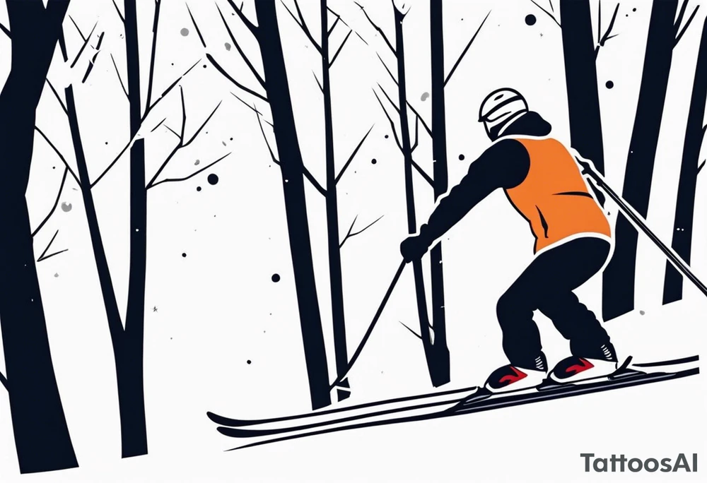 minimalist tattoo of a snow skier sking through trees showing ski trail tattoo idea