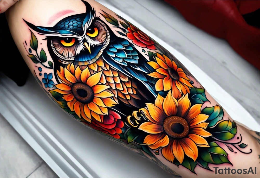 Leg sleeve with colorful sunflowers and an owl tattoo idea