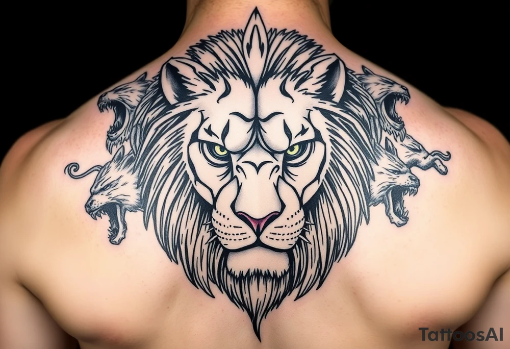 powerful majestic lion with a alien eyes, surrounded by vicious animals but not from earth tattoo idea