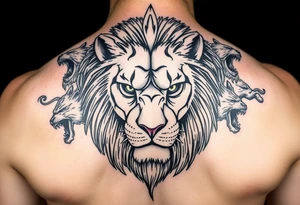powerful majestic lion with a alien eyes, surrounded by vicious animals but not from earth tattoo idea