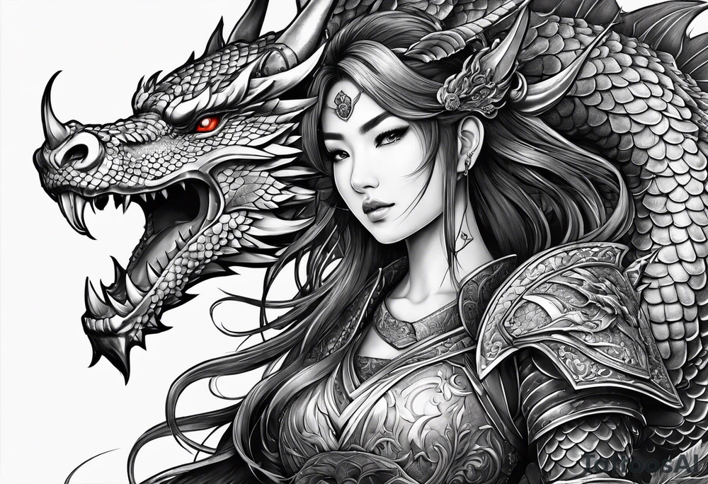 beautiful warrior woman wearing dragon armor and a dragon flying tattoo idea