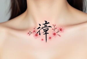 A stylized black kanji for “love” (愛) with soft pink cherry blossoms around it. tattoo idea