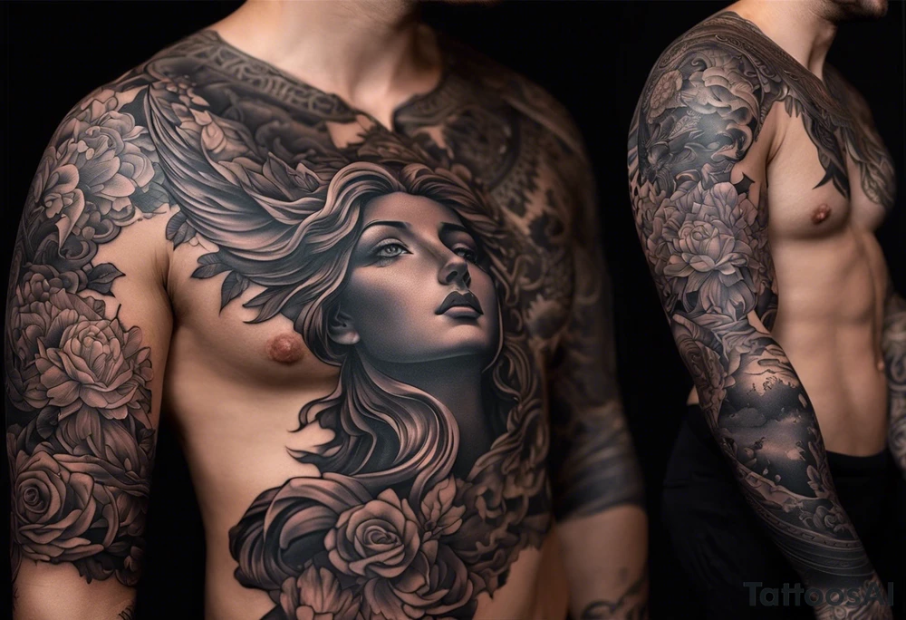 A full tattoo sleeve inspired by Greek mythology, featuring a dark and moody aesthetic with extensive shading. The centerpiece of the sleeve is the Greek goddess Aphrodite, depicted with classical beauty and grace, surrounded by intricate details that emphasize her divine nature. Her flowing hair and robes blend seamlessly into the surrounding elements. Incorporate a mandala effect around Aphrodite, with the mandala patterns subtly woven into the design, adding layers of complexity and depth. The overall theme should be dark, with heavy shading to create a dramatic contrast, evoking a sense of ancient mystery and reverence. The sleeve should also include other mythological elements such as laurel wreaths, classical columns, or ocean waves, to complement Aphrodite’s story and enrich the overall design. The design is for a man and should be masculine. tattoo idea