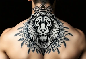 powerful majestic lion with a crown, surrounded by floral ornaments and birds tattoo idea