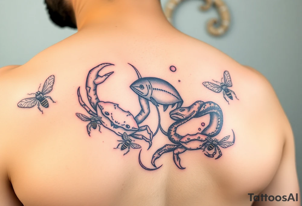 Crabs, fish, snake, bees tattoo idea