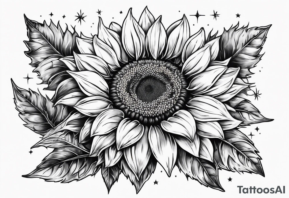 sunflower surrounded with little stars, tree and arrow tattoo idea