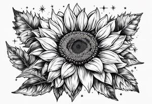 sunflower surrounded with little stars, tree and arrow tattoo idea