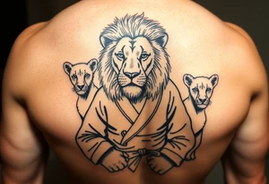 Lion in the Serengeti wearing a Brazilian jiu jitsu gi as a person would along side his two sons tattoo idea