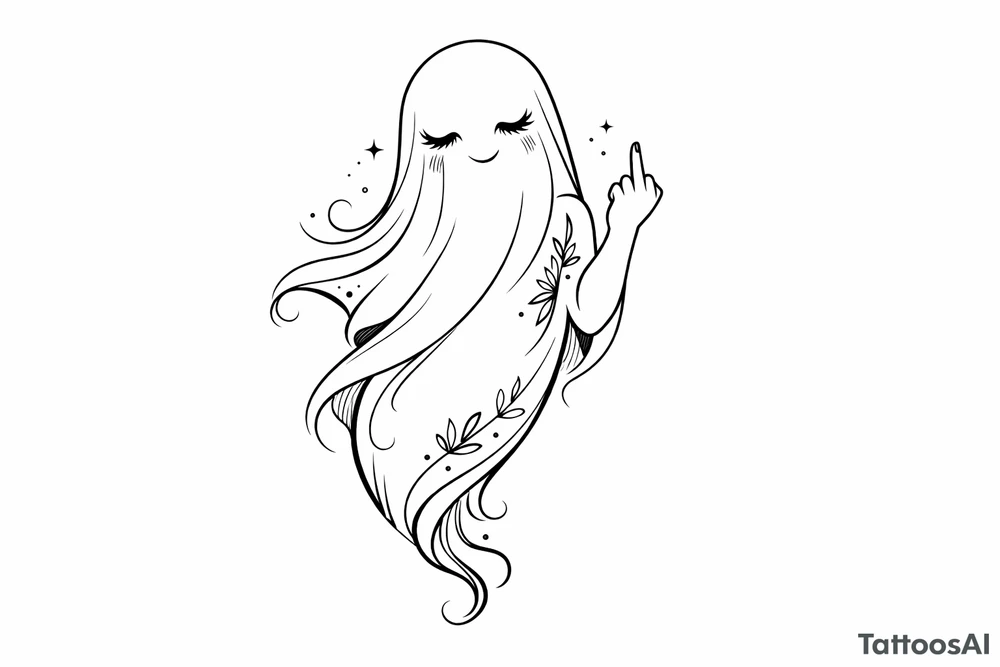 Minimalist line art girly ghost, cheekily raising middle finger, slender form. tattoo idea