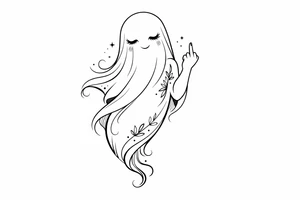 Minimalist line art girly ghost, cheekily raising middle finger, slender form. tattoo idea