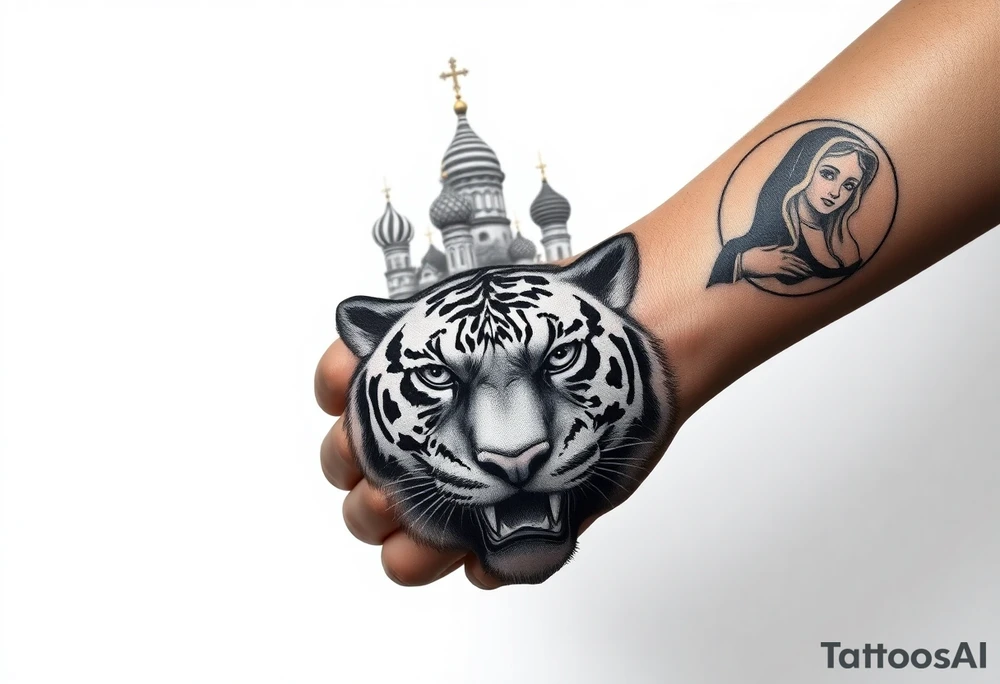 Realistic tiger face on the back of the hand with strong contrast and fine detail with hollow black eyes. with a highly detailed Russian Orthodox cathedral sitting above on fore arm with onion domes and orthodox crosses, done in fine line, engraving-like style. Cohesive composition, black ink only, no color, high contrast, slightly aged, documentary-style, plain light background. with clouds above and a virgin mary 
spanning from my hand to lower fore arm tattoo idea