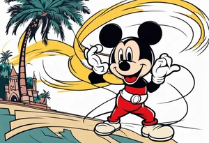 mickey mouse holding lightning with palm trees doing martial arts at the disney castle tattoo idea