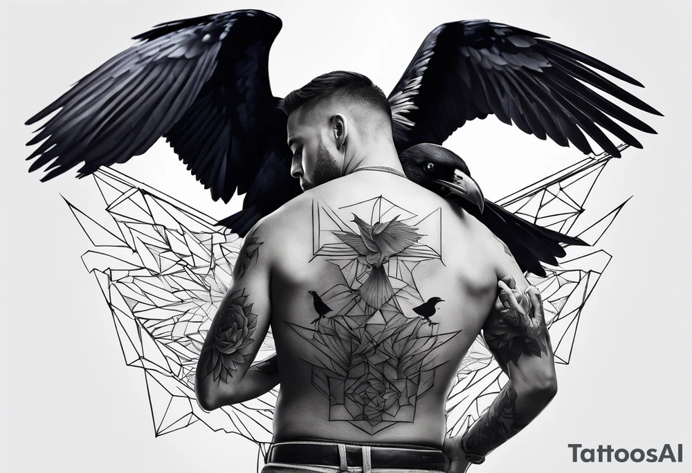 Crows flying out of a man’s back while he is in his hands and knees tattoo idea