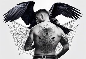 Crows flying out of a man’s back while he is in his hands and knees tattoo idea