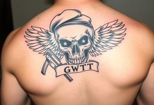 Create me military tattoo with skull, rifle, beret on skull and word that say GWOT kid with wings tattoo idea