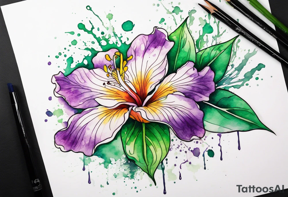 An outline of a green rio dipladenia flower and a green and purple watercolor splash in the background tattoo idea