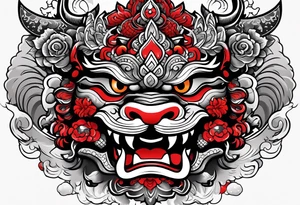 Black and white, grey with red and scarlet accent. Japanese Shisa Okinawa, Thai yak/giant and Thai naga. Image of protection. tattoo idea