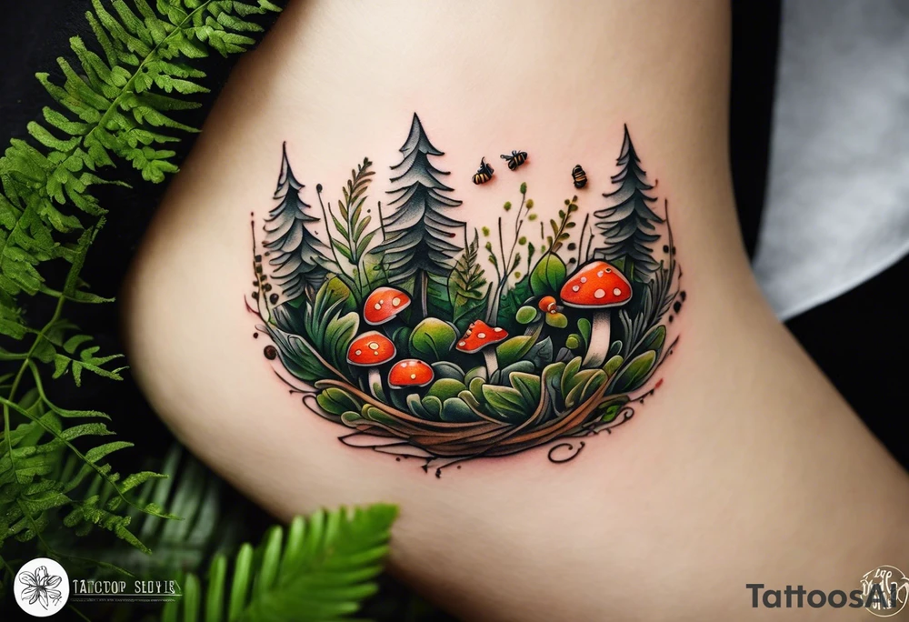 minimalistic forest floor inspired tattoo, which includes grass, moss, curly ferns and dead leaves as the bulk of the tattoo. details to include: forest berries, couple of very small brown mushrooms, a tiny bumblebee flying nearby tattoo idea