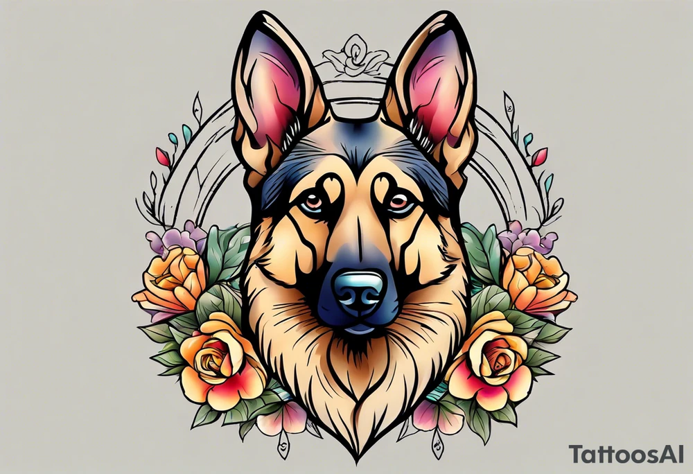 Sable colored German shepherd portrait brightly colored with flowers tattoo idea
