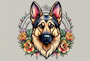 Sable colored German shepherd portrait brightly colored with flowers tattoo idea