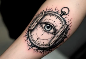 A surreal clock with an eye in place of the dial, eyelids opening like doors, intricate detail, realistic shading, black and gray. tattoo idea